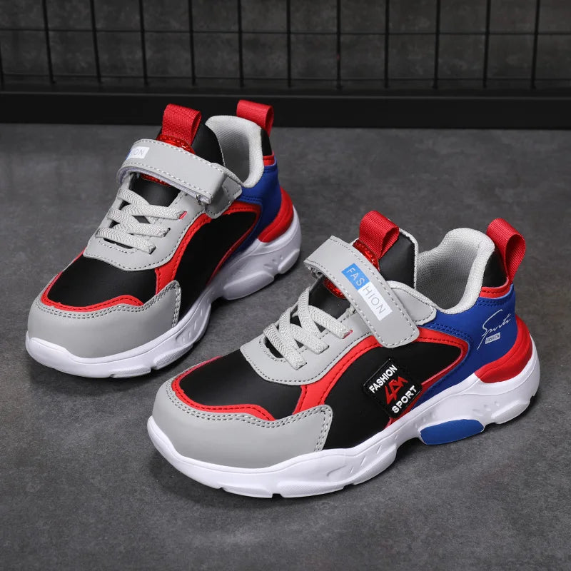 Autumn and Winter Children's Shoes, Boys' Sports Shoes, Leather Surface, Breathable, Non-Slip, Versatile Sports Shoes for Middle-Aged and Older Children, Elementary School Students